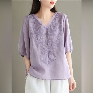 Embroidered Purple Blouse V-Neck Linen Viscose Blend Women’s Size Large